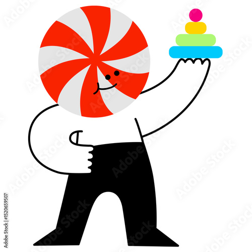Character with lollipop head playing with pyramid toy