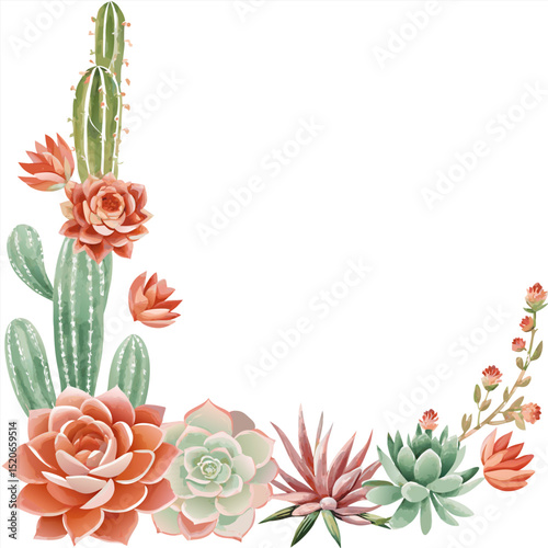 Watercolor Desert Floral Corner Design Cactus, Succulents & Flowers