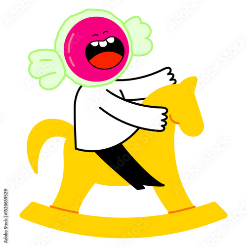Candy headed character riding rocking horse