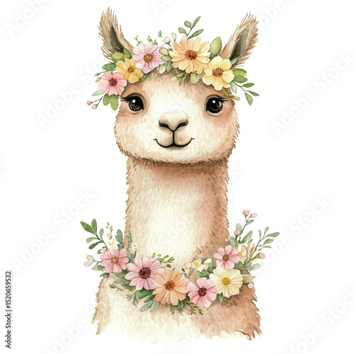 Spring Watercolor Alpaca with Floral Garland – Whimsical Animal Art