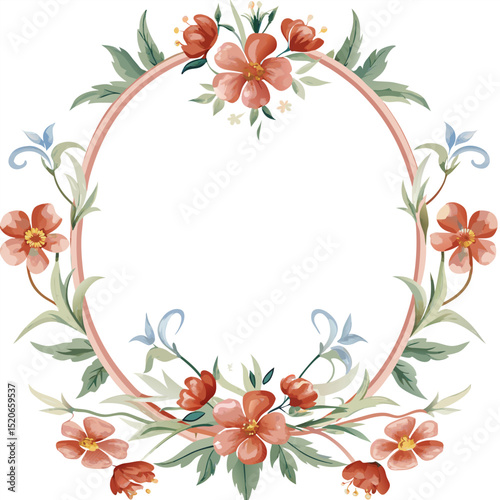 Elegant Oval Floral Frame with Delicate Flowers and Greenery