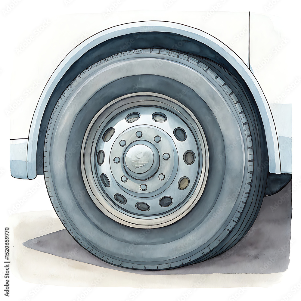 Obraz premium Close-Up Clipart of Bus Wheel in Gray, Simple Watercolor Illustration, Urban Environment, Detailed Texture