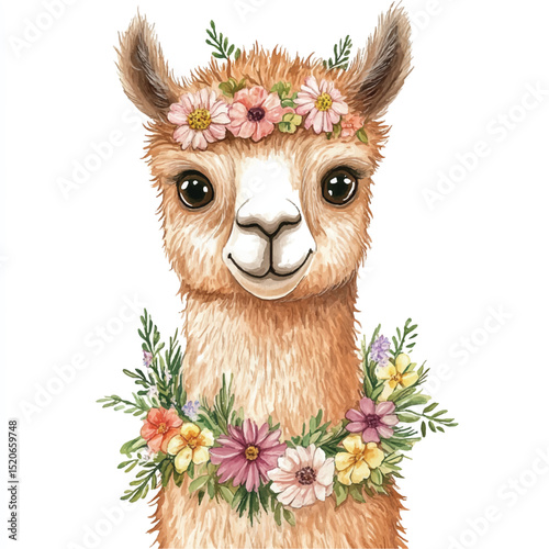 Spring Watercolor Alpaca with Floral Garland – Whimsical Animal Art