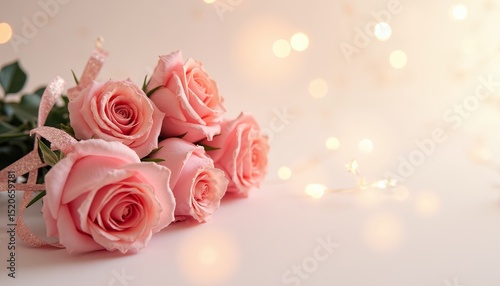 Pink roses with a gentle mood in a bouquet against a glowing background with copy space