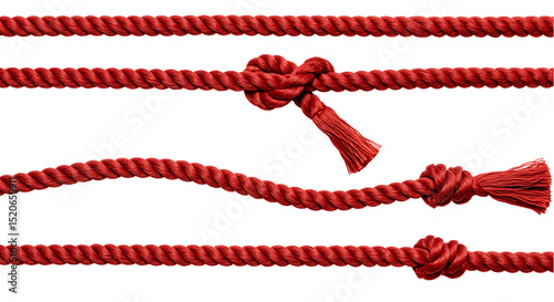 Collection of Red Twisted Ropes with Knots on Black Background Decorative and Functional Elements for Design and Crafts