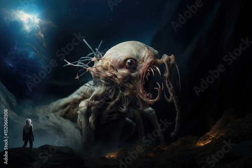 A lone figure confronts a massive alien in a cosmic landscape