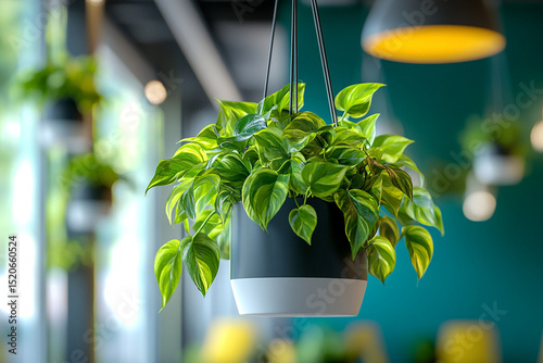Hanging Pothos Plant in Black and White Pot with Lush Green Leaves in Office