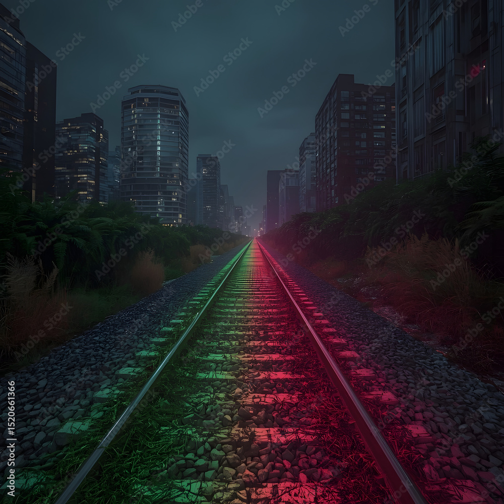 Fototapeta premium Urban Rail: An evocative composition of railroad tracks converging into an urban landscape, underscored by a mesmerizing play of colored lights that illuminate the scene.