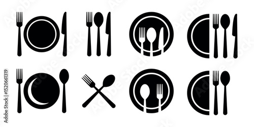 Set of food icons, plates, forks, knives, spoons, cutlery.