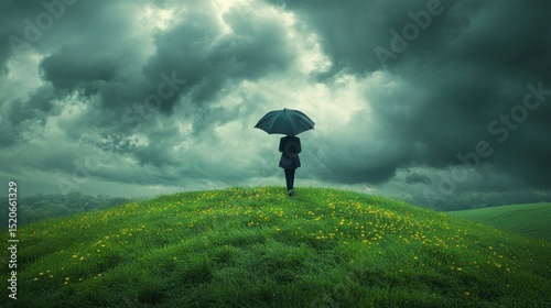 Wallpaper Mural navigating through the storm an allegory of life's journey woman with an umbrella against an ominous sky symbolizing resilience hope and the courage to face adversity on a vibrant hilltop landscape Torontodigital.ca