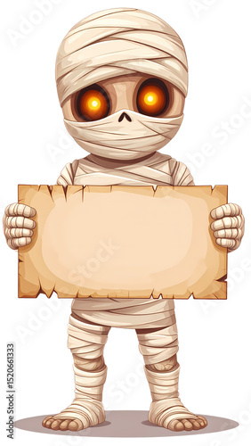 A cartoon mummy holding a blank sign isolated on transparent background, perfect for Halloween greetings
