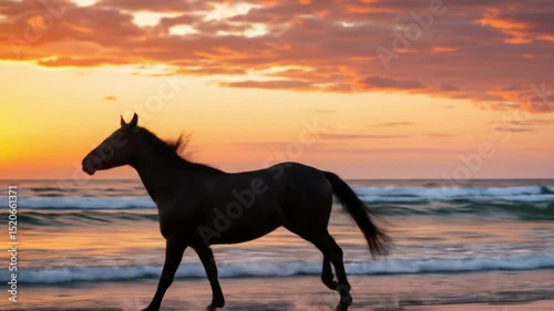 Horse running on beach sunset
