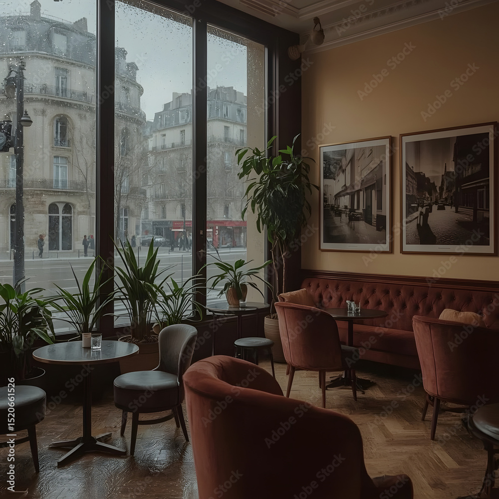 Fototapeta premium Cozy Cafe Interior: A warm and inviting cafe, with comfortable seating arrangements and large windows offering a glimpse into the vibrant city streets, a scene of serenity, relaxation and comfort.