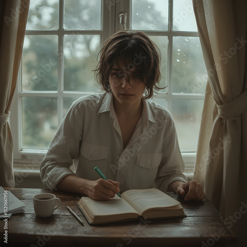 Contemplation at the Window: A young adult sits at a desk by a window, pen in hand, deeply absorbed in journal as the rain falls softly outside, creating a moment of thoughtful introspection.
