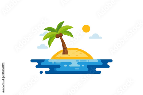Tropical Island with Palm Tree and Ocean Cartoon Illustration