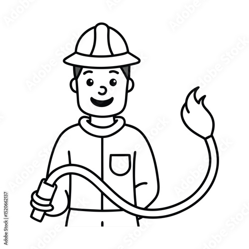 Happy firefighter cartoon illustration with hose