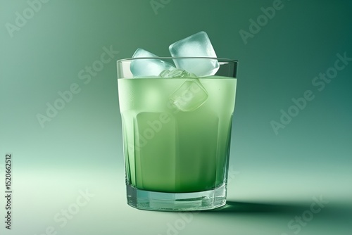 Photo-Realistic Glass of Green Drink with Ice on Gradient Teal Background