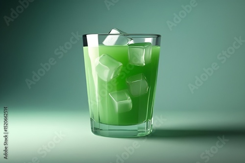 Photo-Realistic Glass of Green Drink with Ice on Gradient Teal Background