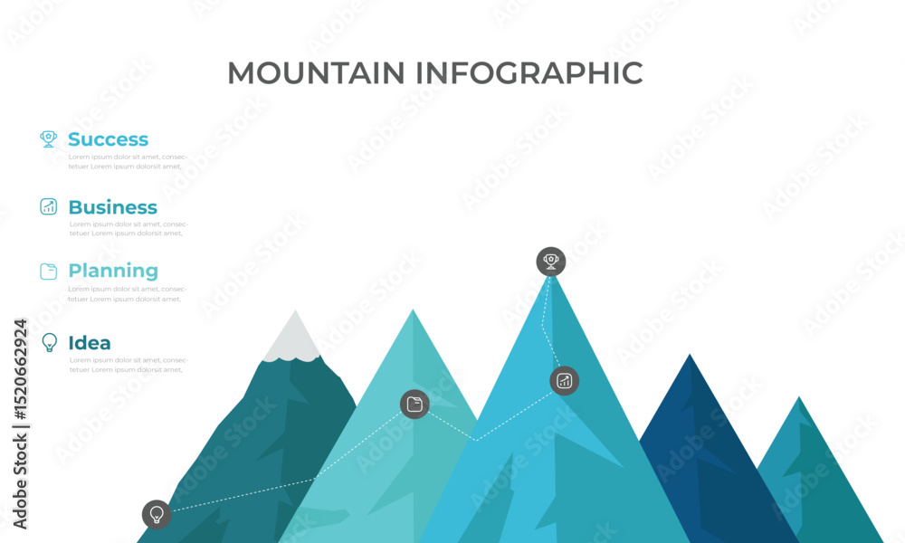 Route to success. leadership and motivation. business and finance concept. isolated on white background. vector illustration flat design. mountain infographic 5 element with red flag on top