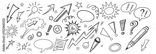 Hand drawn line chalk brush stroke arrow icon set. Chalk crayon underline, check mark, scribble and texture in rough hand sketch style. Drawn heart, frame, star design shapes. Vector illustration.