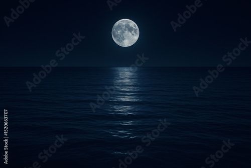 Calm sea reflecting moonlight at night.