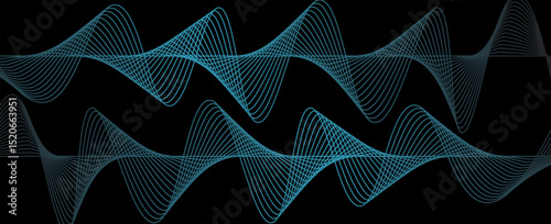 Abstract blue wavy lines of the sound wave. Dynamic gradient pulsating wave. Musical neon concept, symbols of the frequency of digital music. Vector illustration on a black background