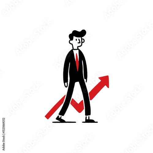 Businessman Climbing Upward Arrow Growth Chart, Vector illustration of a businessman running up a red arrow, symbolizing success, career growth, and financial progress.

