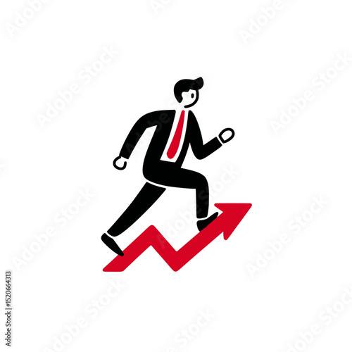 Businessman Climbing Upward Arrow Growth Chart, Vector illustration of a businessman running up a red arrow, symbolizing success, career growth, and financial progress.

