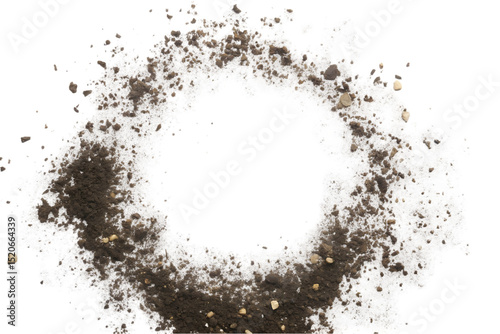 Circular Frame of Scattered Soil and Small Rocks on a White Surface with a Black Background for Design