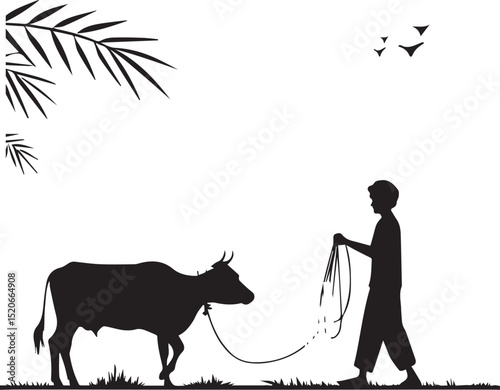 young man holding a cow & mosque illustration silhouette vector