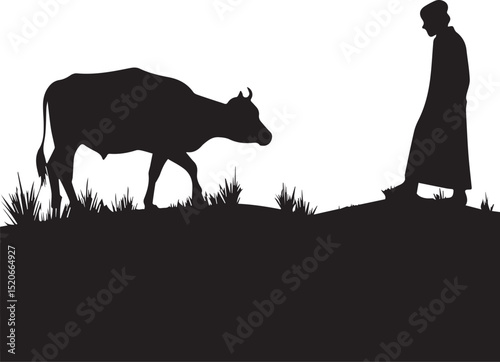 young man holding a cow & mosque illustration silhouette vector
