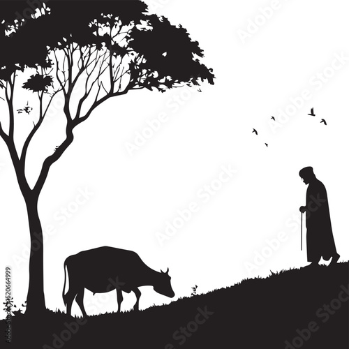 young man holding a cow & mosque illustration silhouette vector