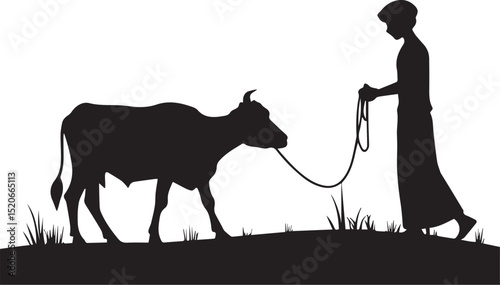 young man holding a cow & mosque illustration silhouette vector