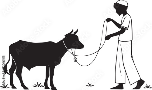 young man holding a cow & mosque illustration silhouette vector