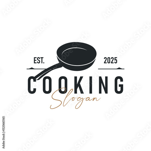 vintage retro design cooking logo concept with black silhouette frying pan simple template restaurant brand logo, cafe, bar