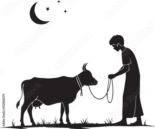 young man holding a cow & mosque illustration silhouette vector