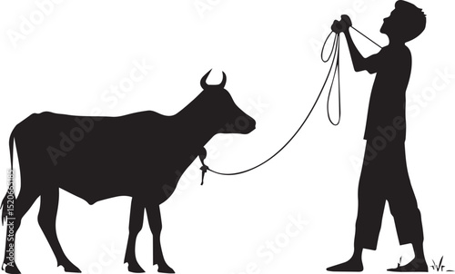 young man holding a cow & mosque illustration silhouette vector