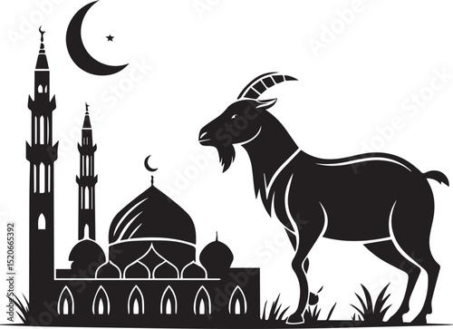Edul Al Adha, Edul Adha Mobarak, Goat & Mosque, goat illustration vector drawing