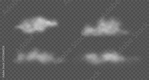 Set of white realistic floating clouds, fog, smoke