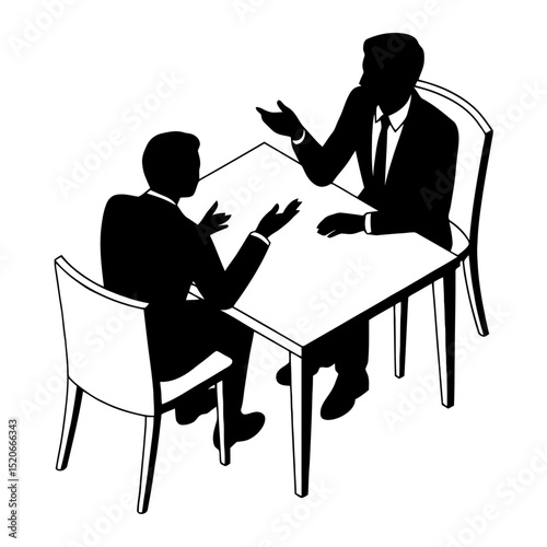 Black silhouette of two businessmen in suits are having a discussion at a table. they are gesturing and seem to be negotiating a deal or planning a strategy