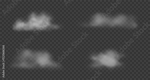 Realistic white cotton clouds, floating smoke.
