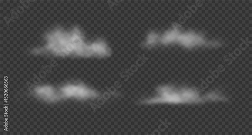 Set of white realistic floating clouds, fog, smoke