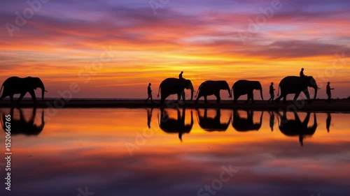 Silhouette elephants sunset water reflection