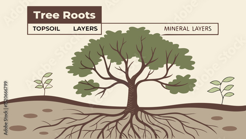 Tree Roots and Forest Soil Layers - educational cutaway vector.