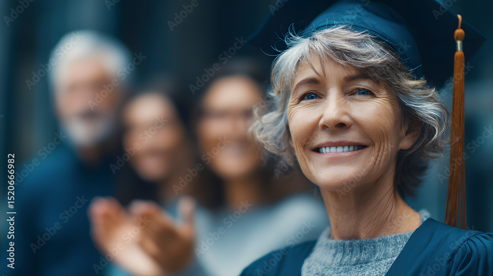 Fototapeta premium Portrait of a happy mature student wearing graduation gown and cap, smiling with family clapping in background