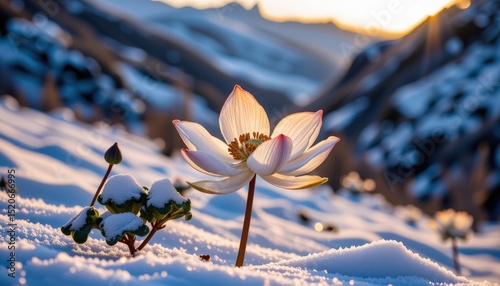 a dreamy photograph of the snow lotus (saussurea involucrata), captured at dawn with a 70 200mm lens, f/5 photo