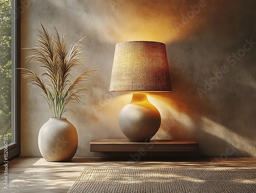 Cozy interior lamp and pampas grass vase mockup

