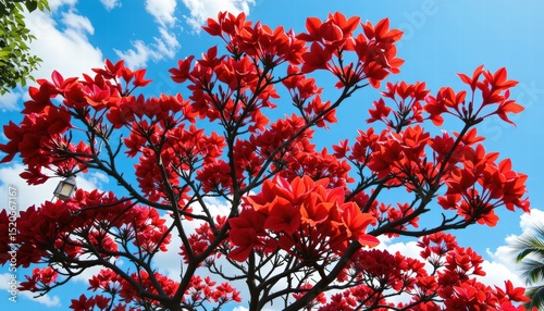 a cinematic wide angle shot of the royal poinciana (delonix regia), taken with a 16 35mm lens, f/5