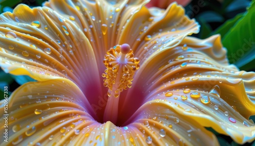 a cinematic close up of the golden trumpet flower (allamanda cathartica), taken with a 70 200mm telephoto lens photo