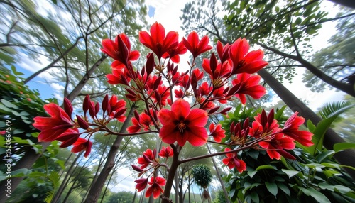 a cinematic wide angle shot of the red silk cotton tree flower (bombax ceiba), taken with a 16 35mm lens, f/5